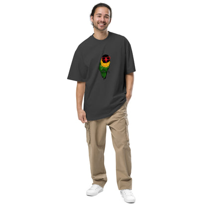 A man with a warm smile is featured wearing a faded black t-shirt with a colorful graphic of a parrot wearing red sunglasses on the chest. The fun, quirky graphic adds a pop of color and humor to the outfit, which is completed with beige cargo pants and white sneakers for a comfortable, casual look.