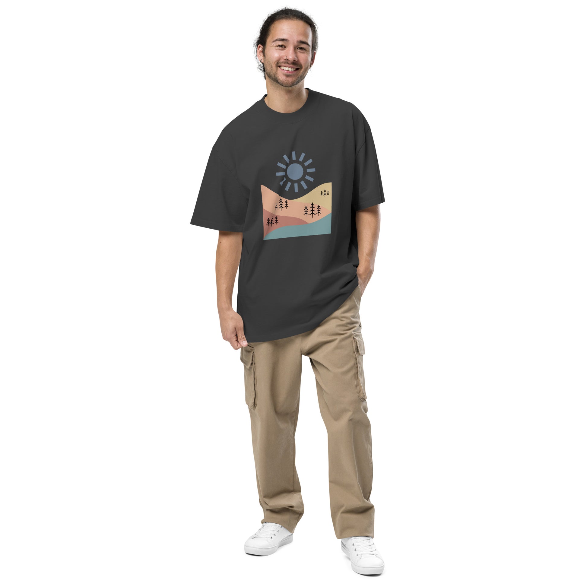 Men’s oversized faded black tee with a geometric sunrise design.