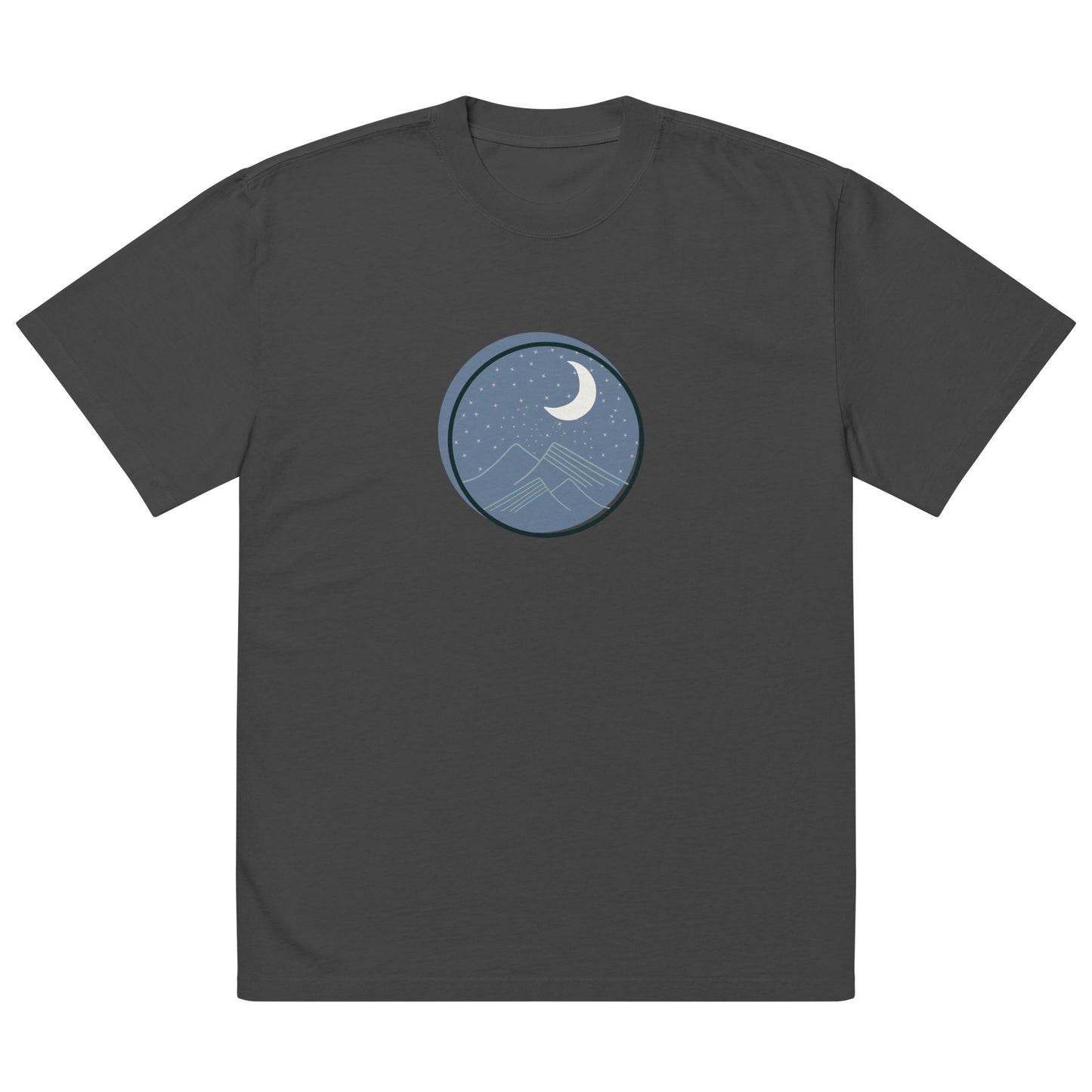 Men’s oversized black faded tee with a moon and mountains design.