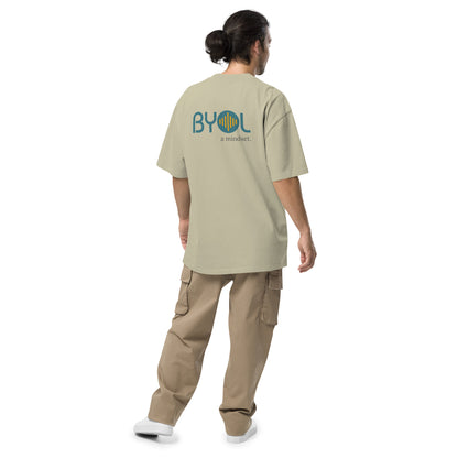 A young man with long hair in a ponytail wearing a eucalyptus "BYOL: a mindset" T-shirt, viewed from the back. The T-shirt features the "BYOL" logo in teal and yellow on the back and is available in multiple colors (dark gray, beige, light blue) and sizes (S-3XL). The "be you out loud" logo is displayed at the top.