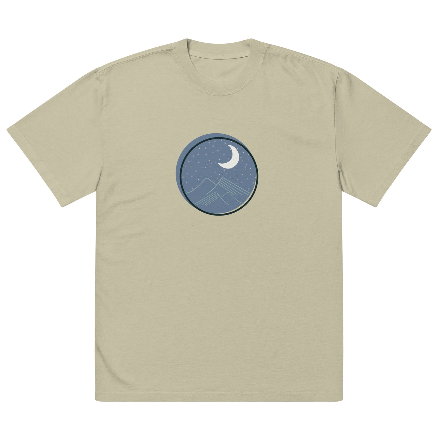 Men’s oversized eucalyptus faded tee with a moon and mountains design.