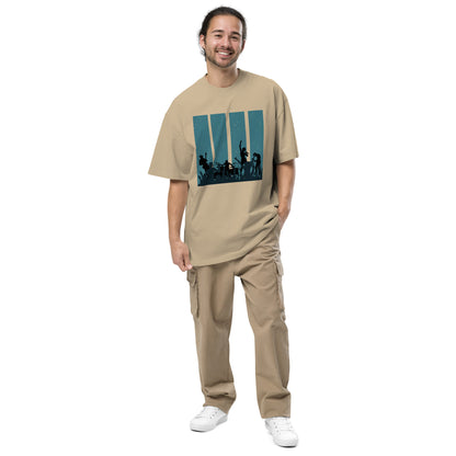 Man in faded khaki Men's Oversized Tee featuring a retro band silhouette graphic,