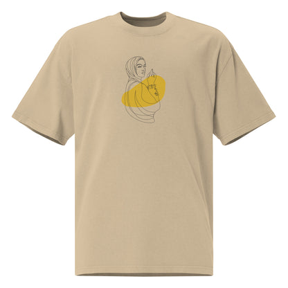 Faded Khaki Oversized faded tee with an empowered woman line art design, highlighting unique self-expression and powerful simplicity.