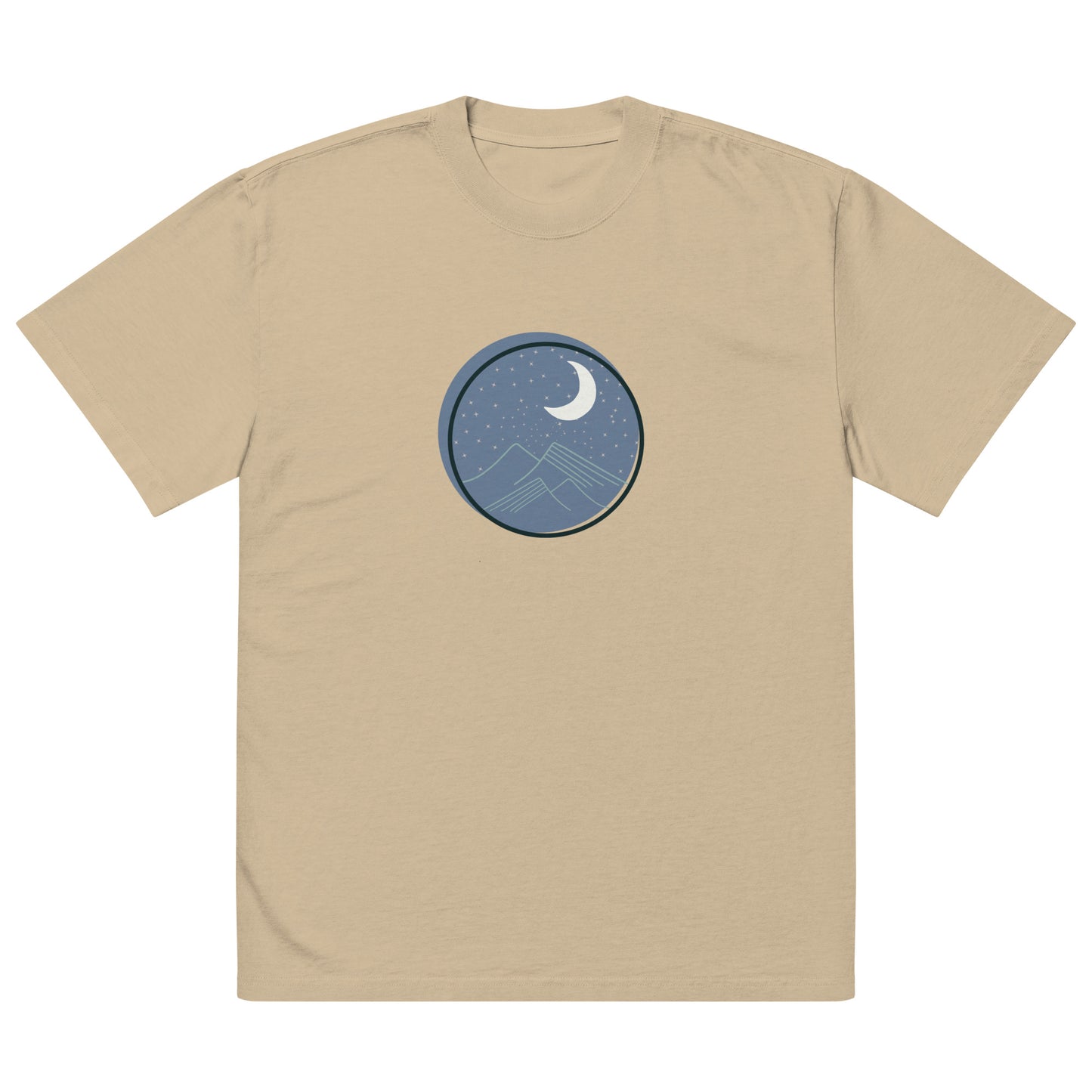 Men’s oversized khaki faded tee with a moon and mountains design.