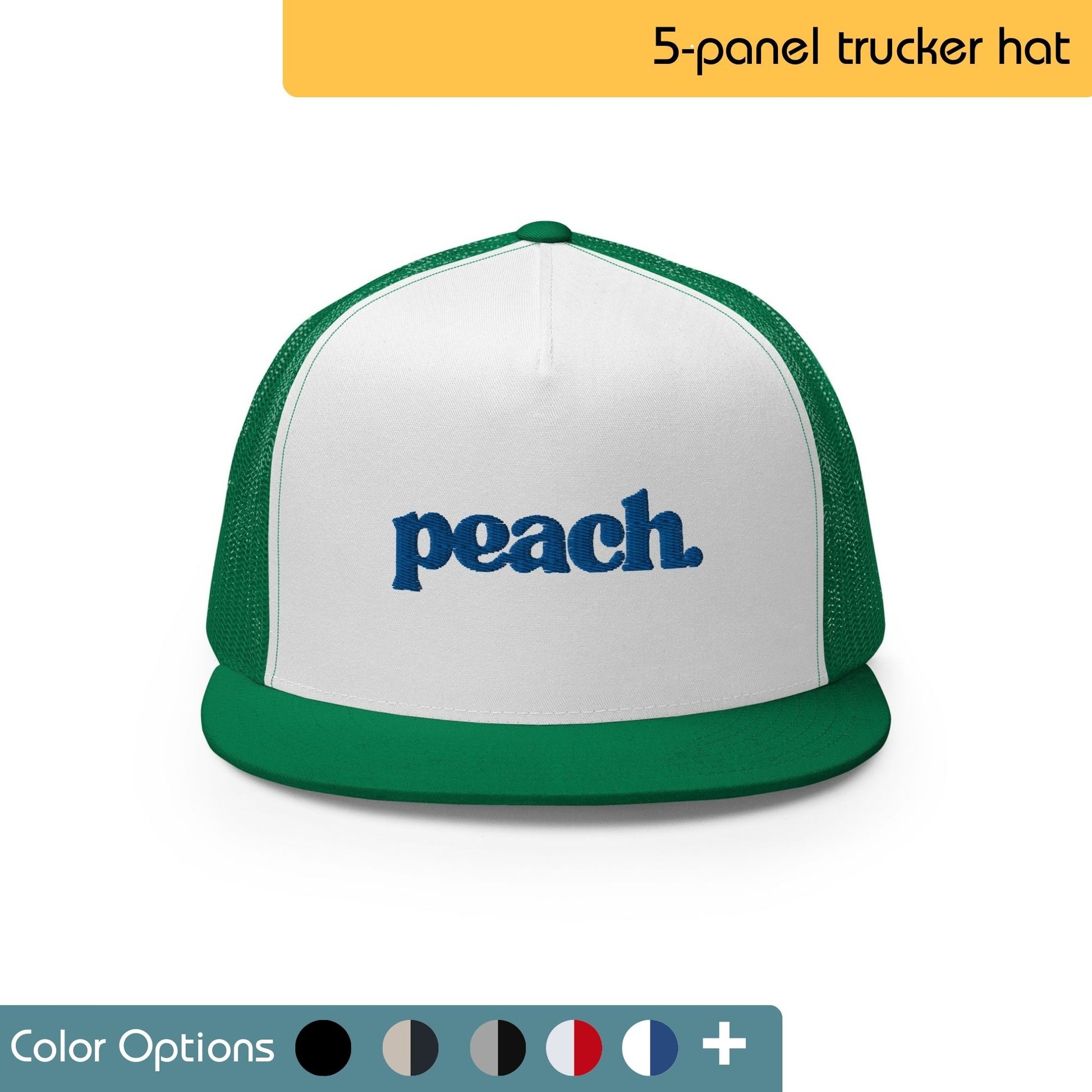 Beige trucker hat with the word "PEACH" embroidered on the front. The text is red. Text "5-panel trucker hat" is written above the image, and "Color Options+" is written below the image.