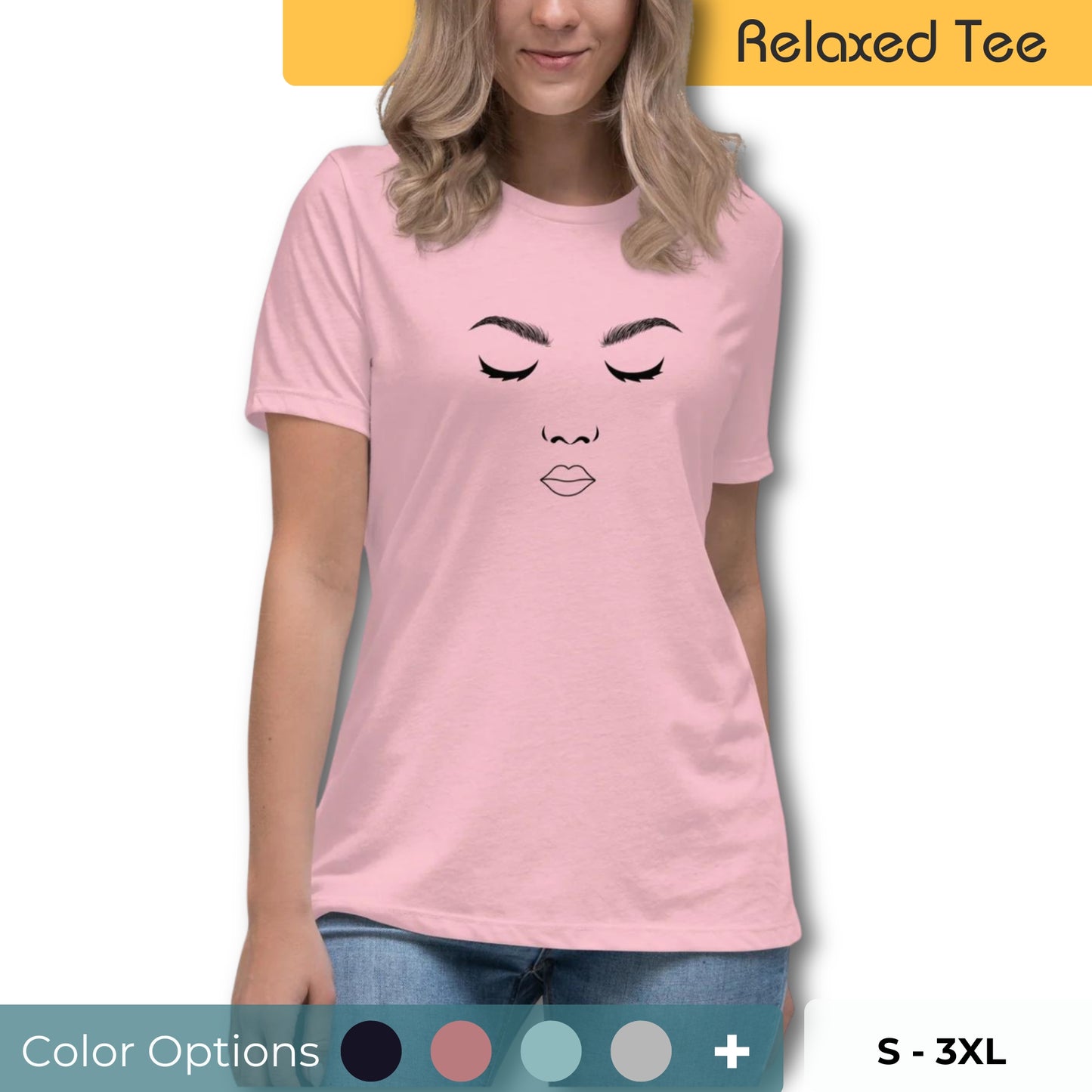 Woman with blonde wavy hair wearing a light pink relaxed tee with a minimalist face design in black, available in various colors, sizes S-3XL