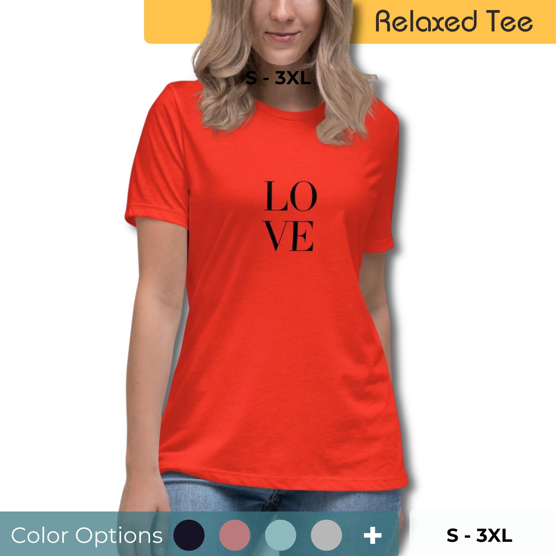 Woman with blonde hair wearing a bright red relaxed tee with a bold black 'LOVE' design, available in multiple colors, sizes S-3XL