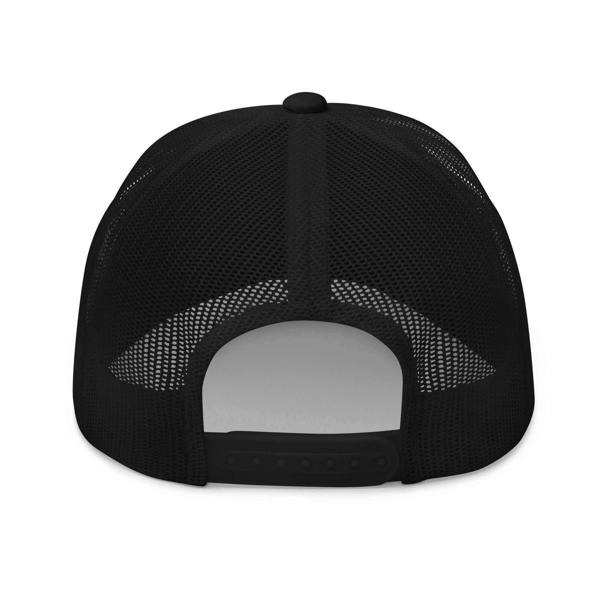 Rear view of a black trucker cap with a mesh back and an adjustable snap closure.