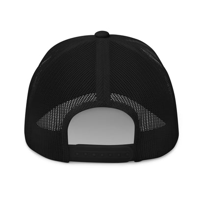 Rear view of a black trucker cap with a mesh back and an adjustable snap closure.