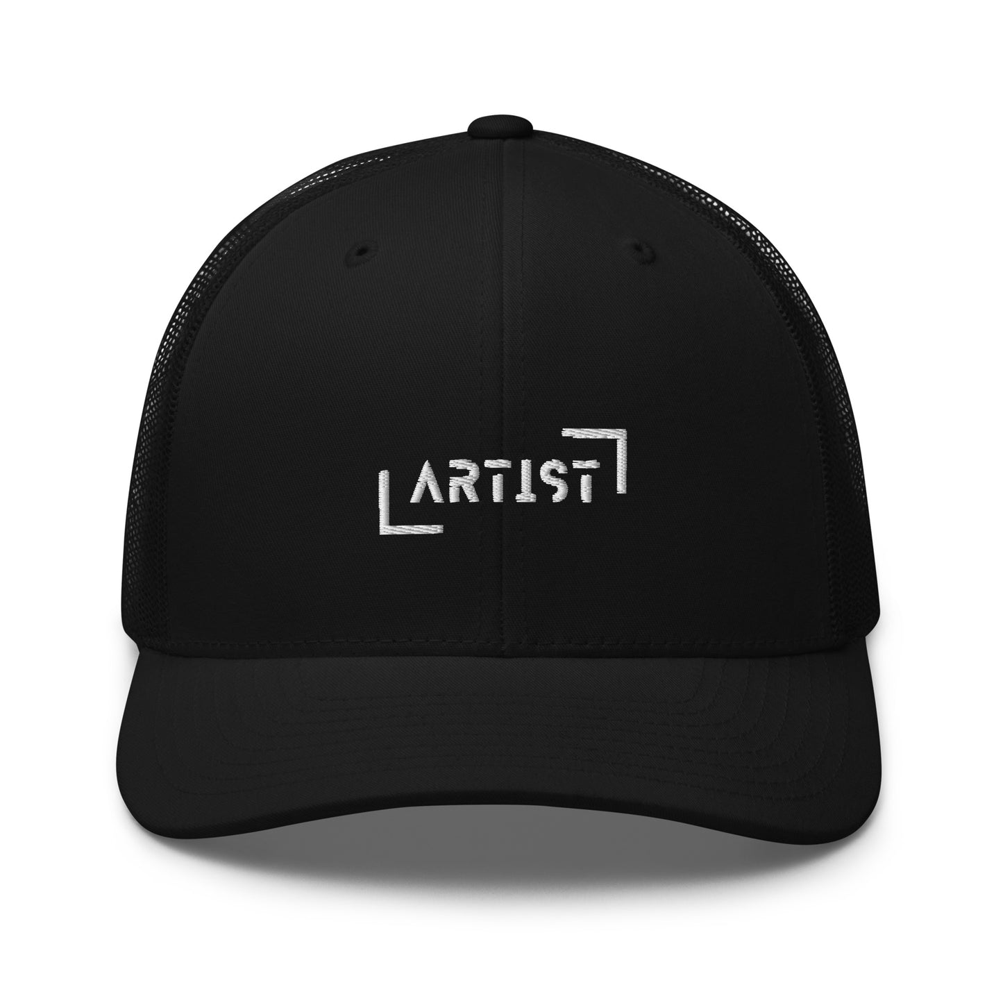 Black trucker cap with white "ARTIST" embroidery on the front, featuring a mesh back and an adjustable strap for a personalized fit.