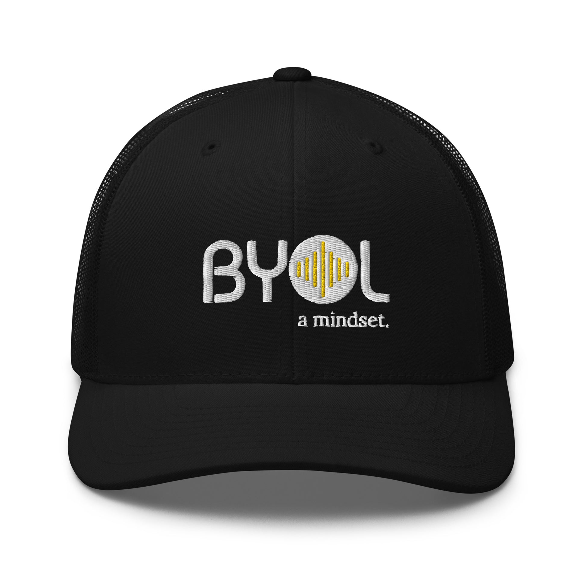 Black retro trucker hat with "BYOL a mindset" embroidered on the front in gray and yellow, displayed against a clean background. Available in various colors: black, white, brown, green, and beige.