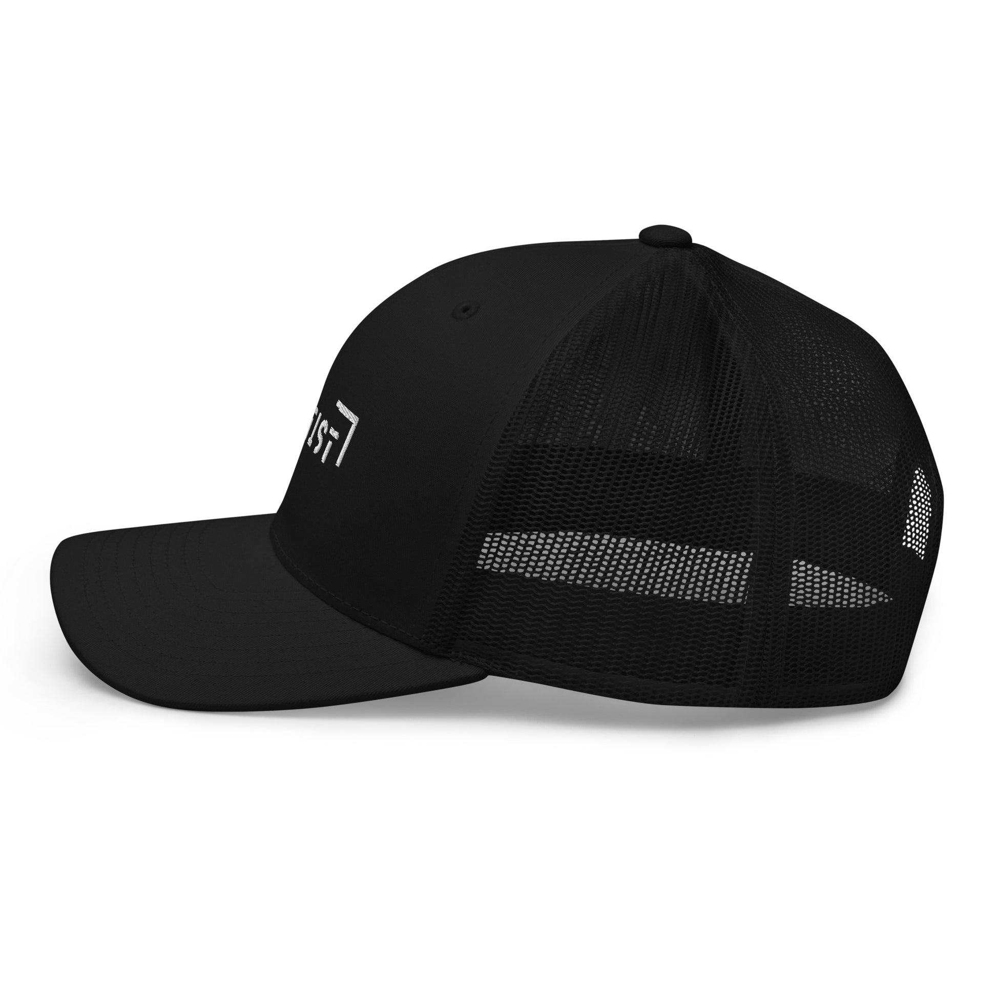 Black trucker cap with a mesh back, featuring a side view with the word "LIFE" embroidered in black on the side panel.