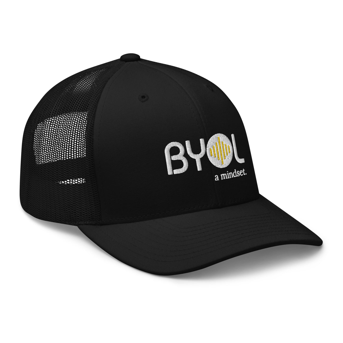 Black retro trucker hat with "BYOL a mindset" embroidered on the front in white and yellow, displayed against a clean background. Available in various colors: black, white, brown, green, and beige.