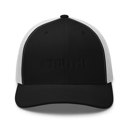 Black and White trucker cap with the word "TRUTH" in black, flanked by sound wave symbols, featuring a mesh back and an adjustable strap, available in multiple colors.