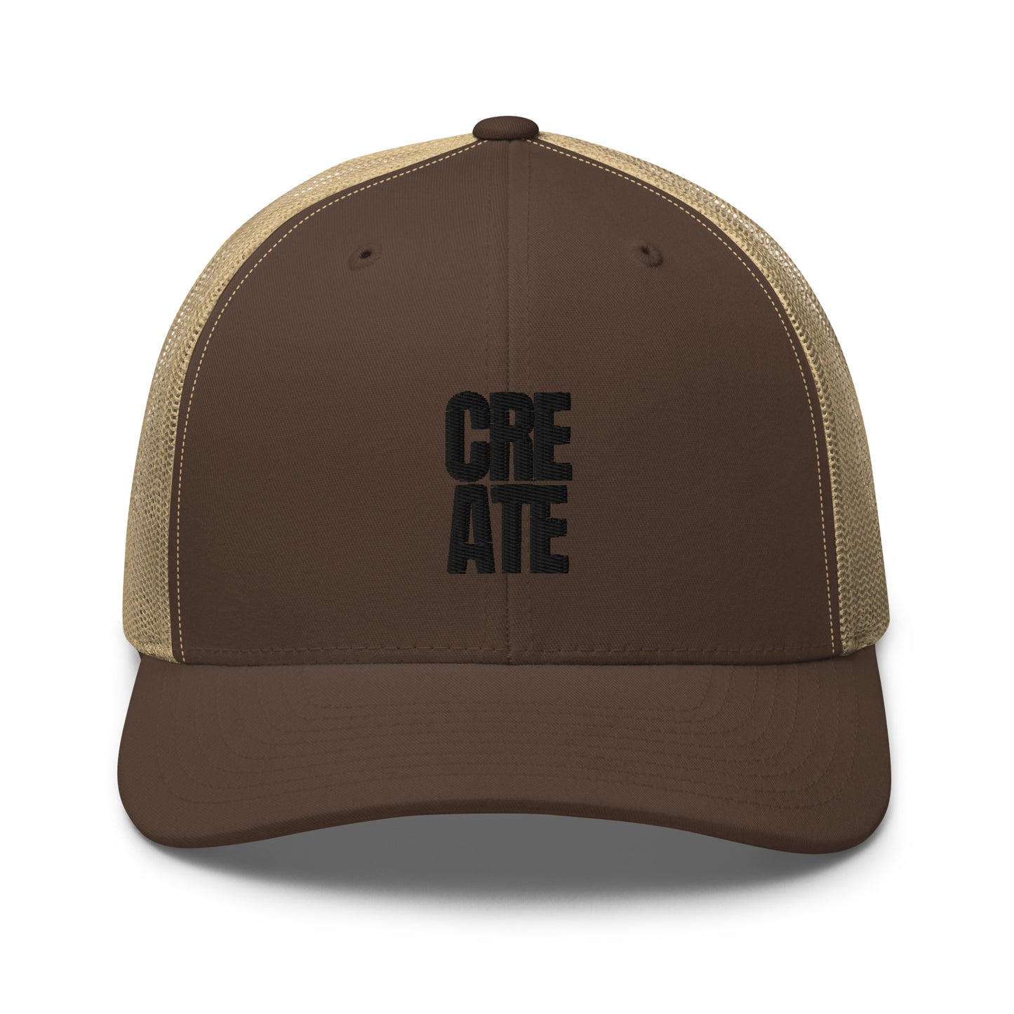 Dark Brown and light brown trucker cap with "CREATE" embroidered in black on the front, featuring a mesh back and adjustable strap.