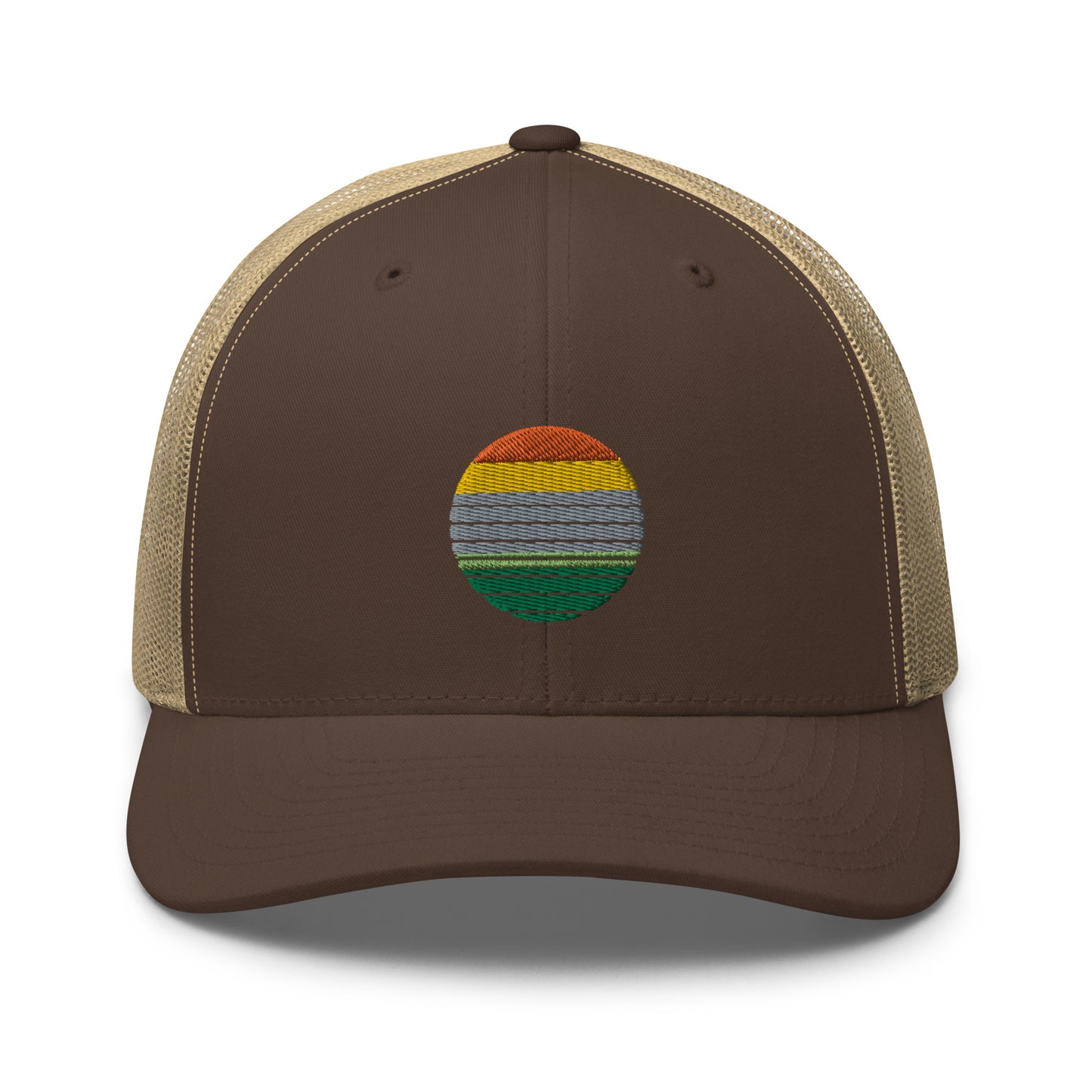 Dark brown and khaki trucker cap with an embroidered colorful striped sunrise design in the center, featuring a mesh back and adjustable strap, available in multiple base colors.