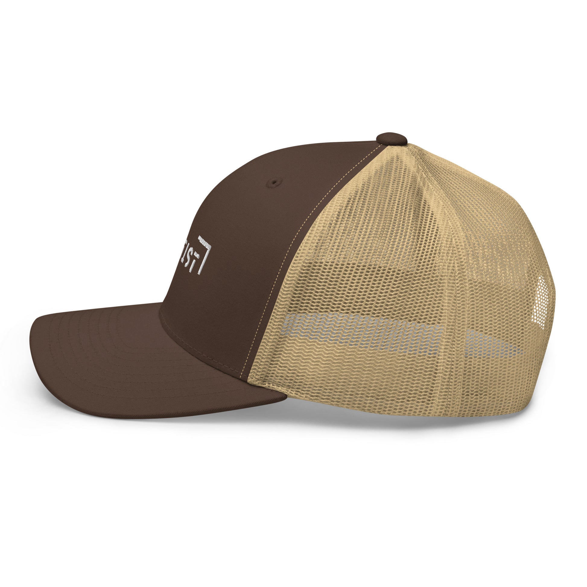 Dark brown and khaki trucker cap with a mesh back, featuring a side view with the word "LIFE" embroidered in black on the side panel.