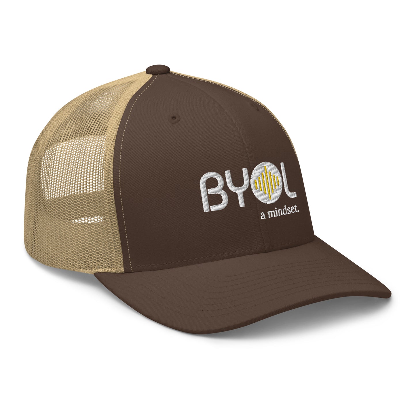 Brown and khaki retro trucker hat with "BYOL a mindset" embroidered on the front in white and yellow, displayed against a clean background. Available in various colors: black, white, brown, green, and beige.