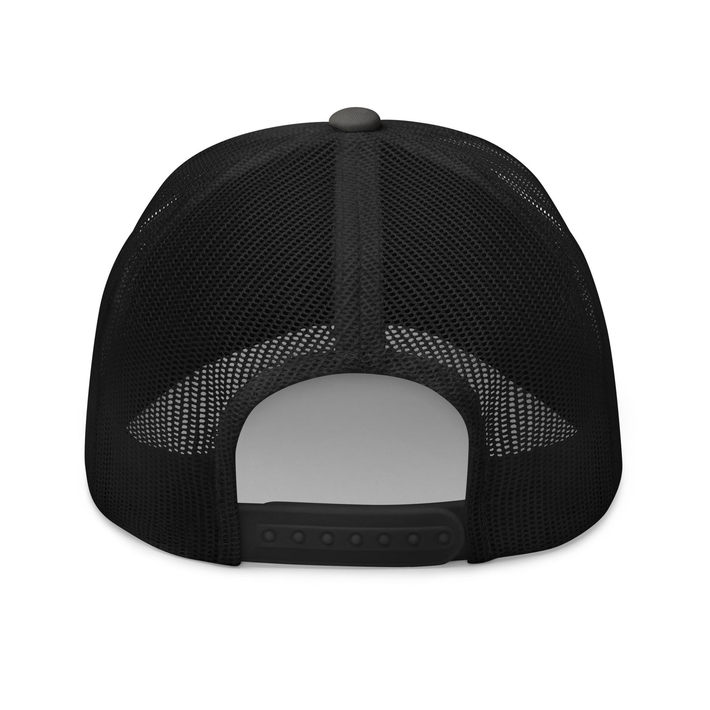 Rear view of a black trucker cap with a mesh back and an adjustable snap closure.