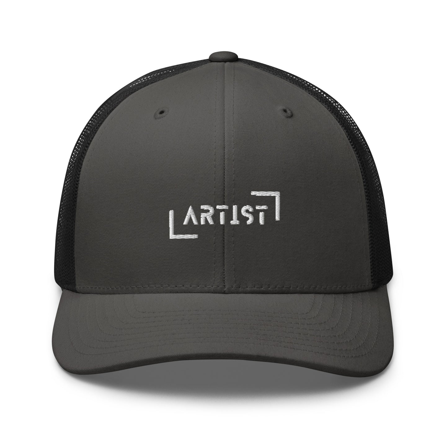 Grey and Black trucker cap with white "ARTIST" embroidery on the front, featuring a mesh back and an adjustable strap for a personalized fit.