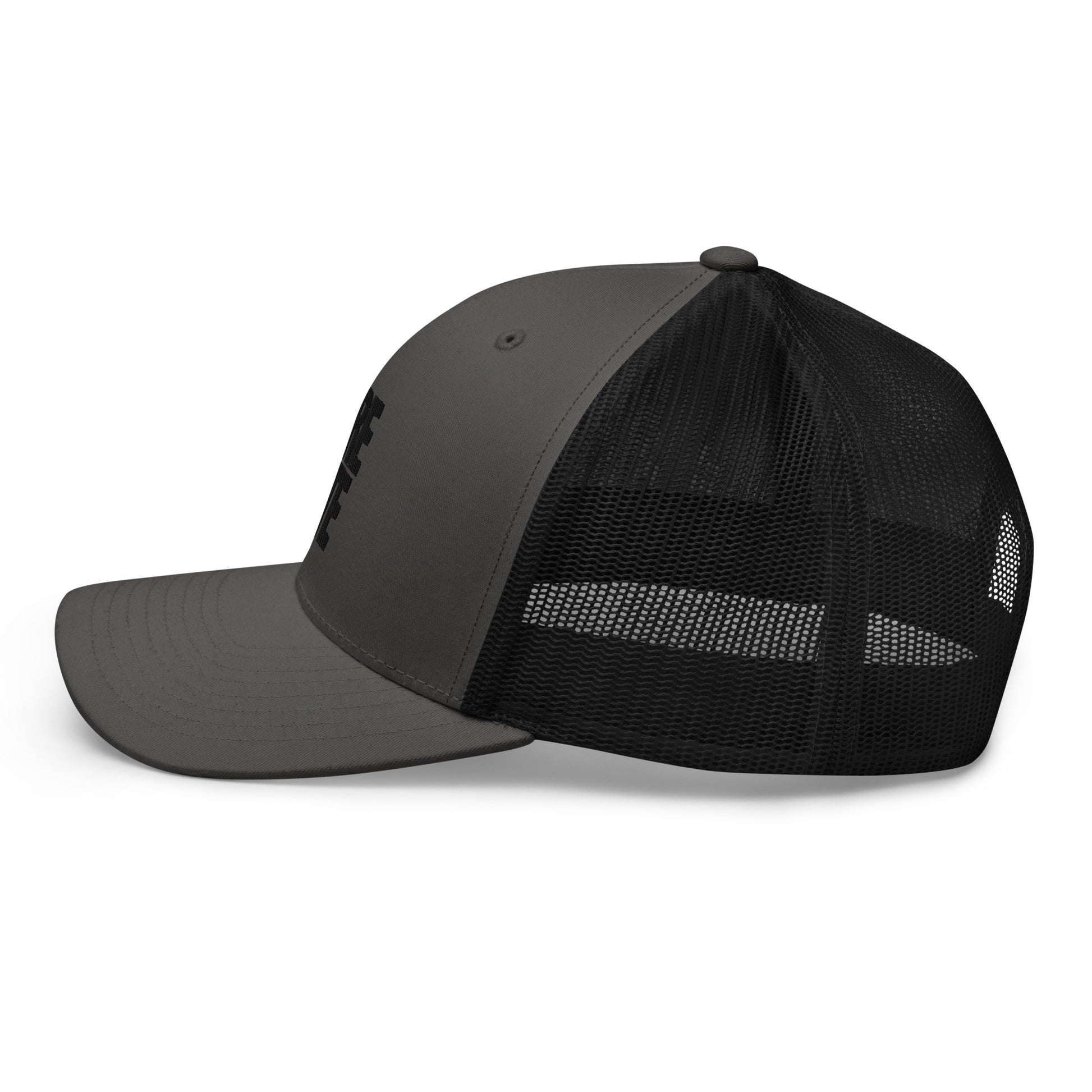 Grey and black trucker cap with a mesh back, featuring a side view with the word "LIFE" embroidered in black on the side panel.