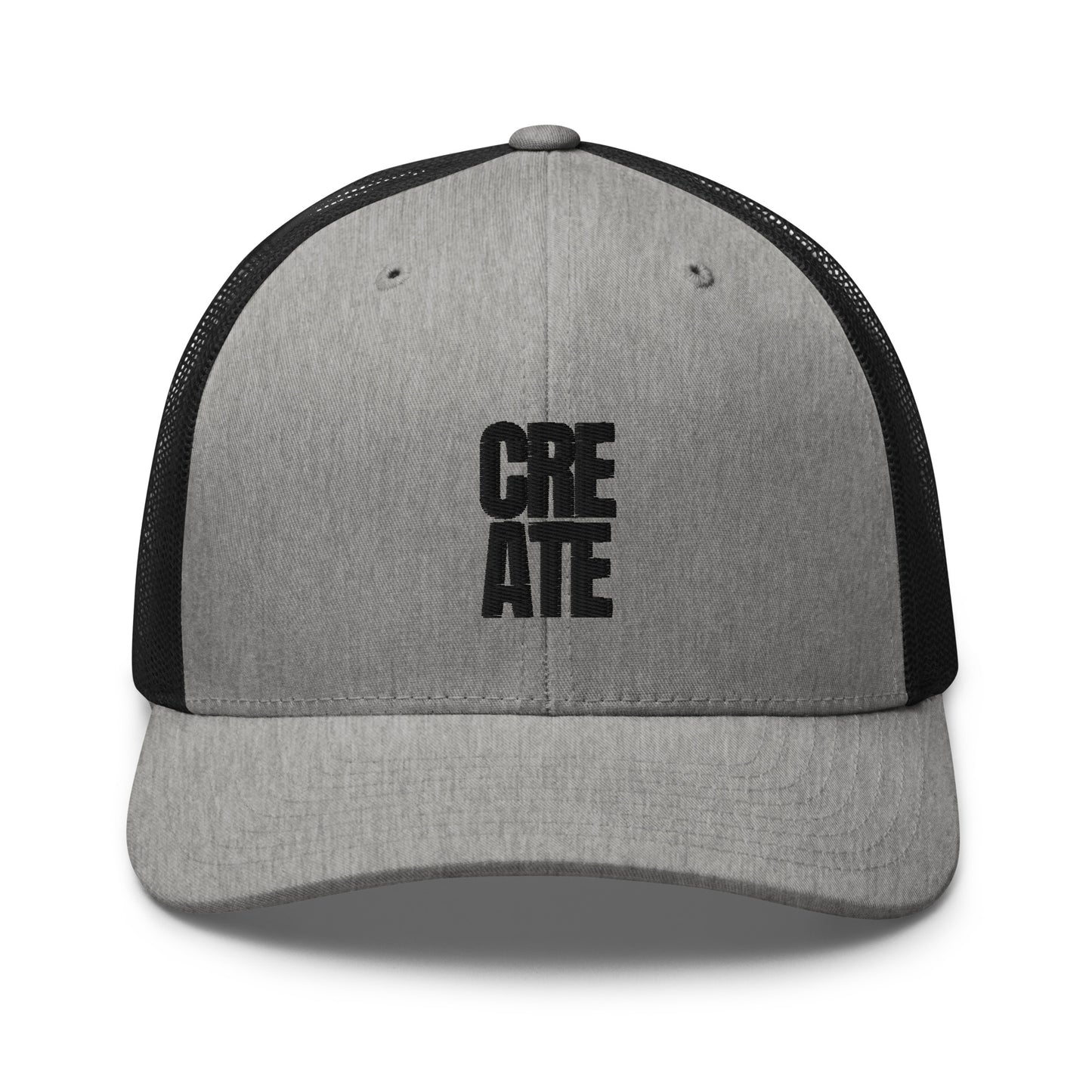 Grey and Black trucker cap with "CREATE" embroidered in black on the front, featuring a mesh back and adjustable strap.