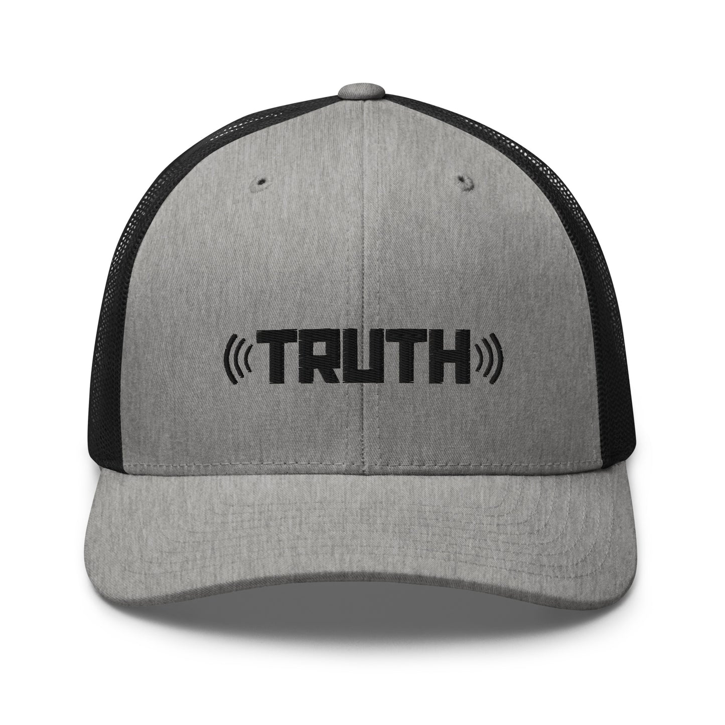 Grey and Black trucker cap with the word "TRUTH" in black, flanked by sound wave symbols, featuring a mesh back and an adjustable strap, available in multiple colors.