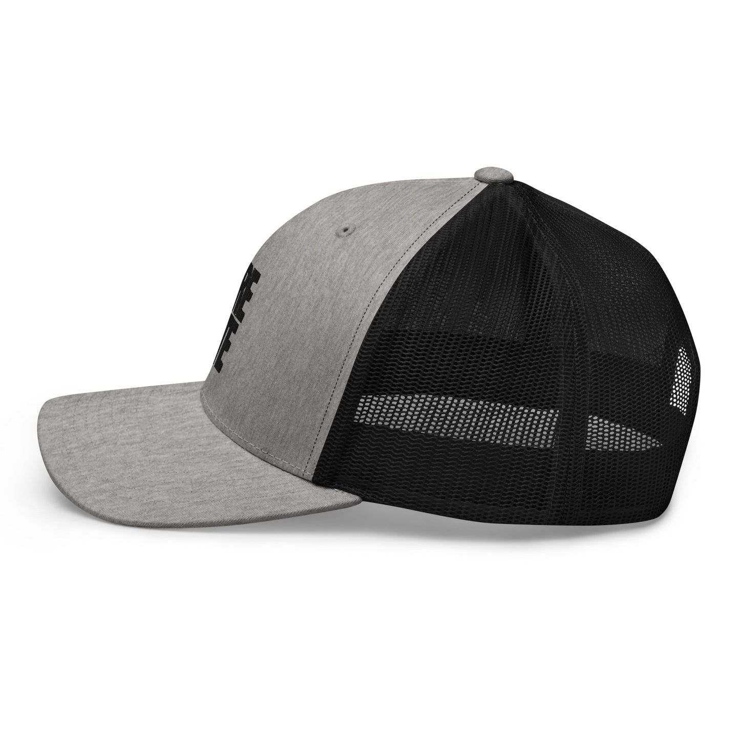 Grey and black trucker cap with a mesh back, featuring a side view with the word "LIFE" embroidered in black on the side panel.