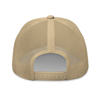 Rear view of a khaki trucker cap with a mesh back and an adjustable snap closure.