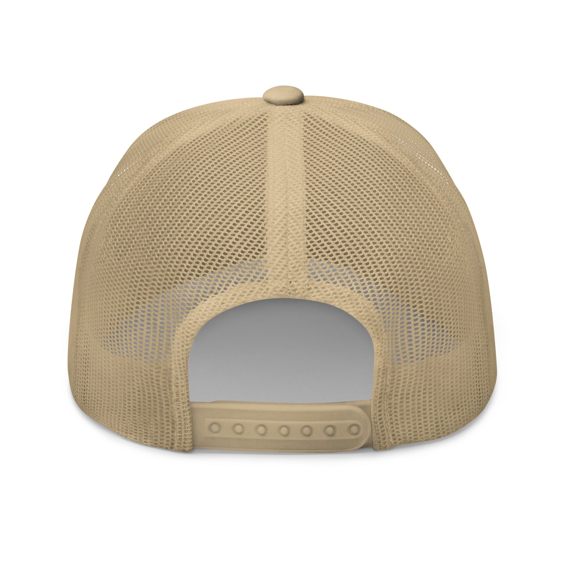 Rear view of a khaki trucker cap with a mesh back and an adjustable snap closure.