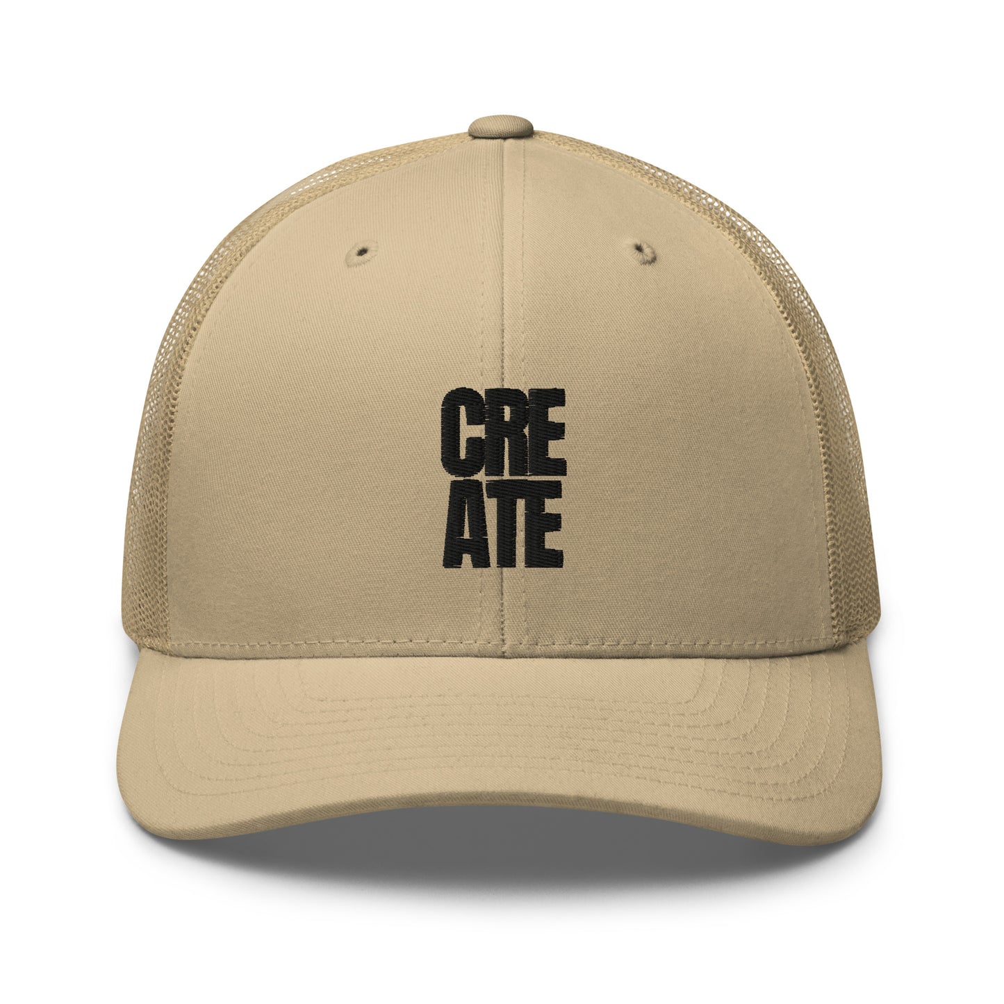 Khaki trucker cap with "CREATE" embroidered in black on the front, featuring a mesh back and adjustable strap.