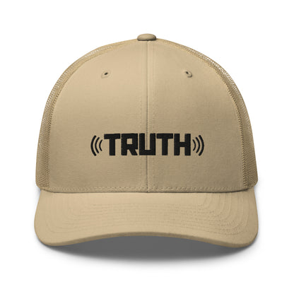 Khaki trucker cap with the word "TRUTH" in black, flanked by sound wave symbols, featuring a mesh back and an adjustable strap, available in multiple colors.