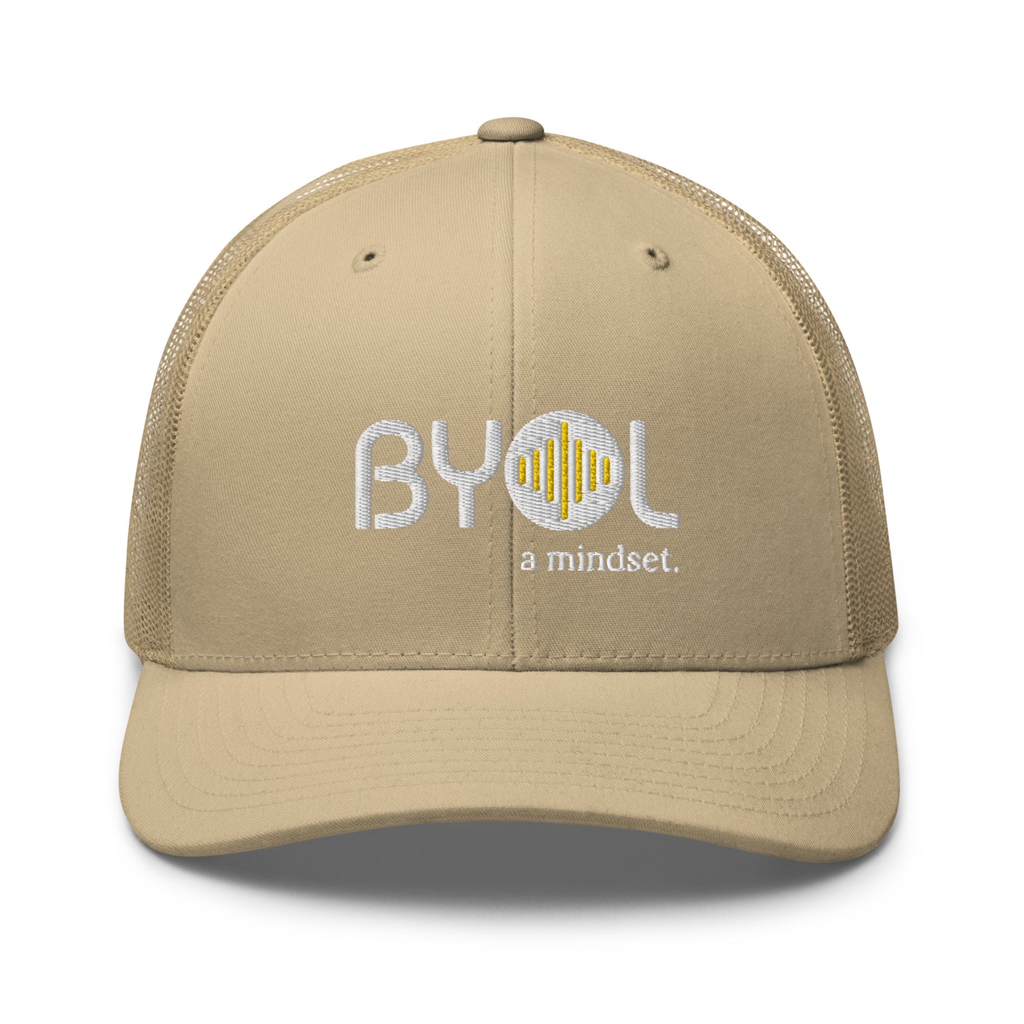 Khaki retro trucker hat with "BYOL a mindset" embroidered on the front in gray and yellow, displayed against a clean background. Available in various colors: black, white, brown, green, and beige.