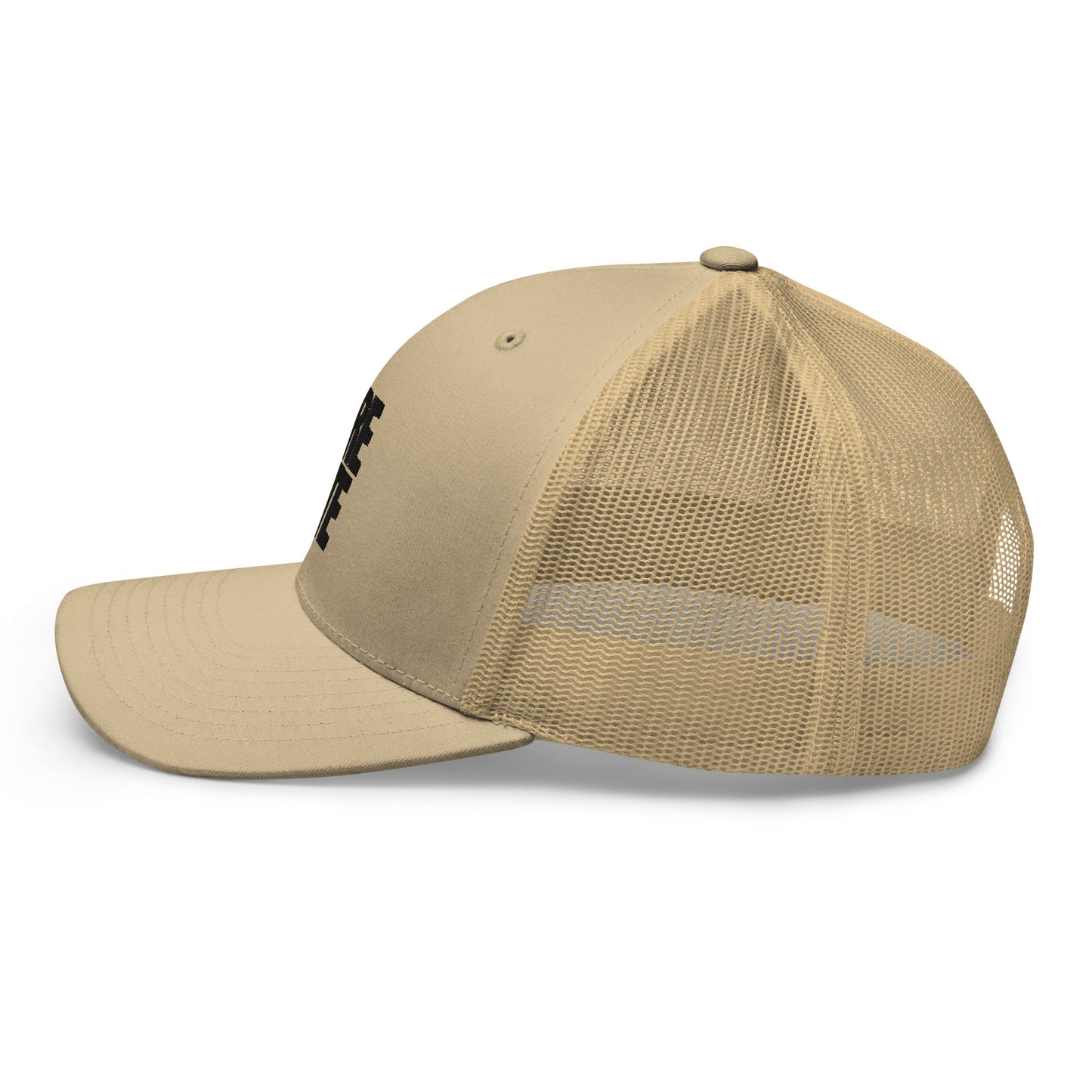 Khaki trucker cap with a mesh back, featuring a side view with the word "LIFE" embroidered in black on the side panel.