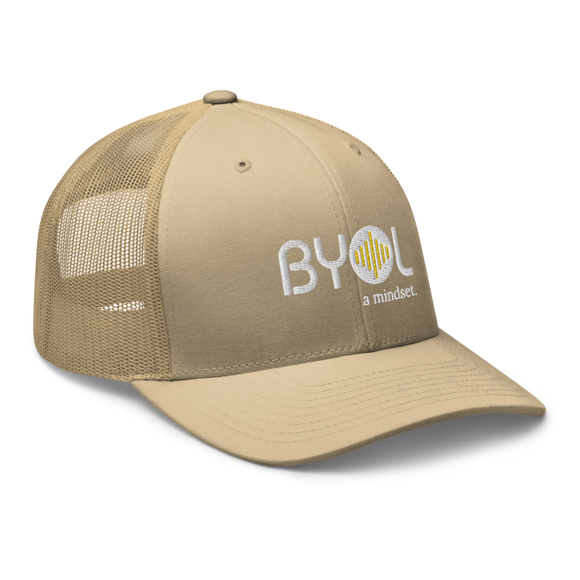 Khaki retro trucker hat with "BYOL a mindset" embroidered on the front in white and yellow, displayed against a clean background. Available in various colors: black, white, brown, green, and beige.