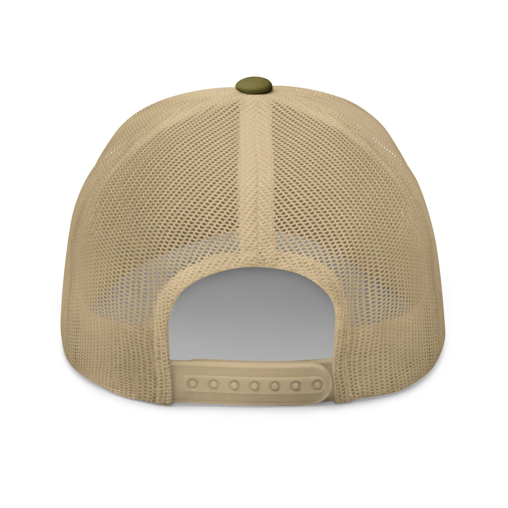 Rear view of a khaki trucker cap with a mesh back and an adjustable snap closure.