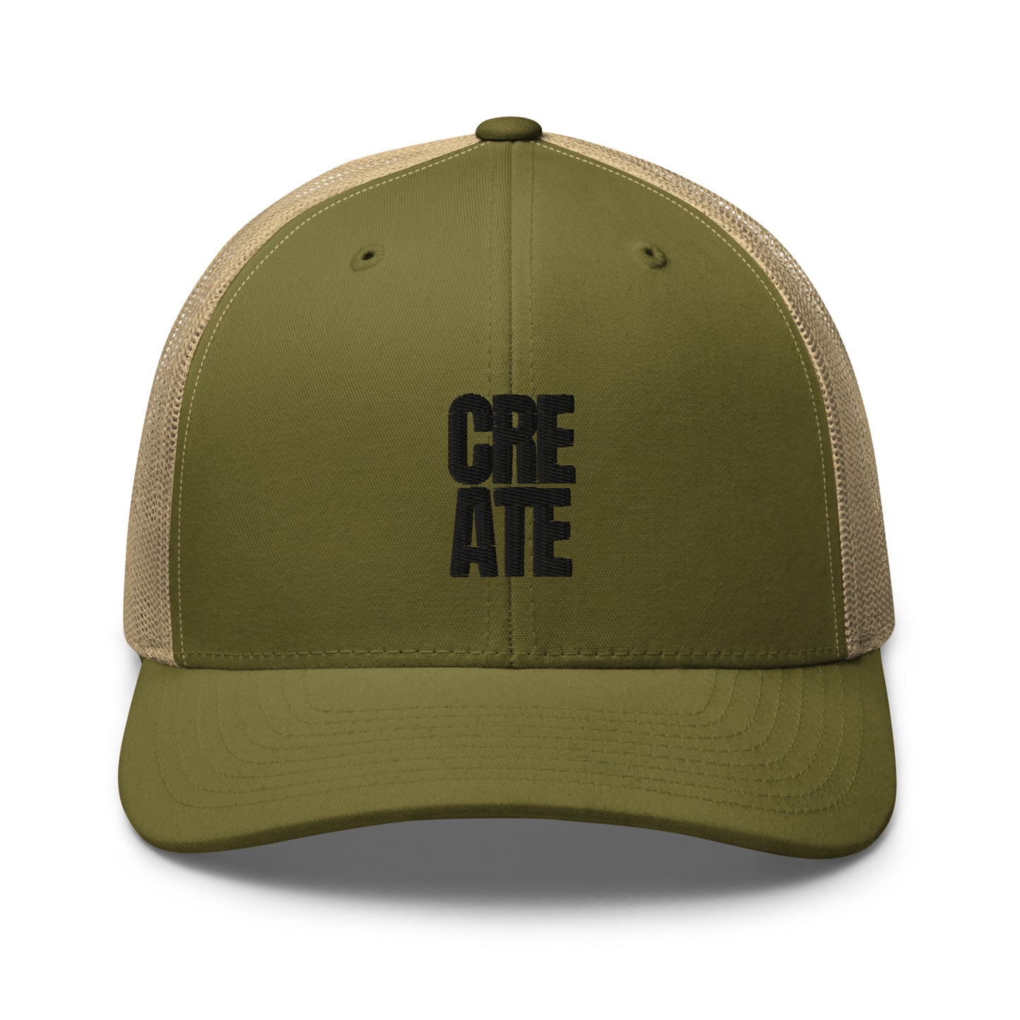 Military green trucker cap with "CREATE" embroidered in black on the front, featuring a mesh back and adjustable strap.