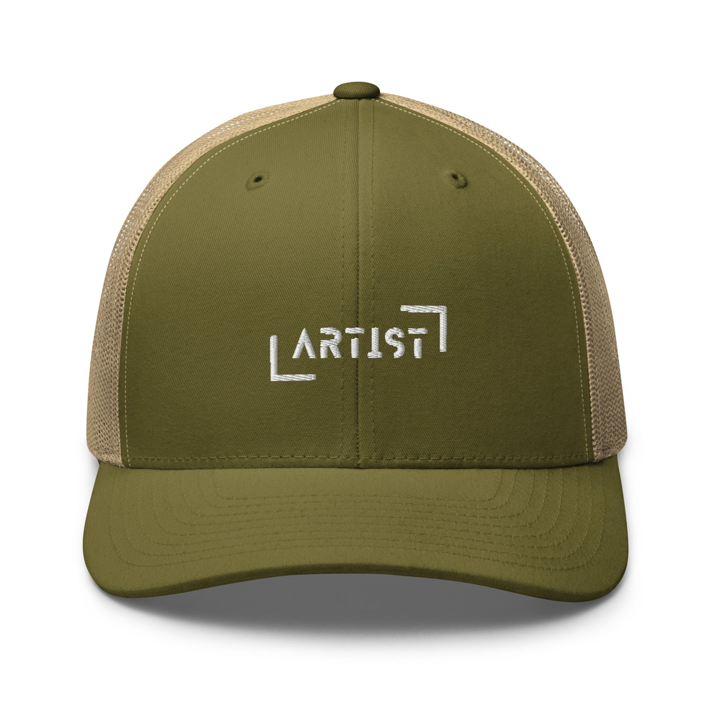 Military Green and Khaki trucker cap with white "ARTIST" embroidery on the front, featuring a mesh back and an adjustable strap for a personalized fit.