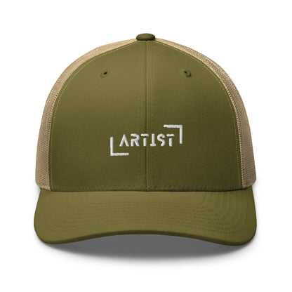 Military Green and Khaki trucker cap with white "ARTIST" embroidery on the front, featuring a mesh back and an adjustable strap for a personalized fit.