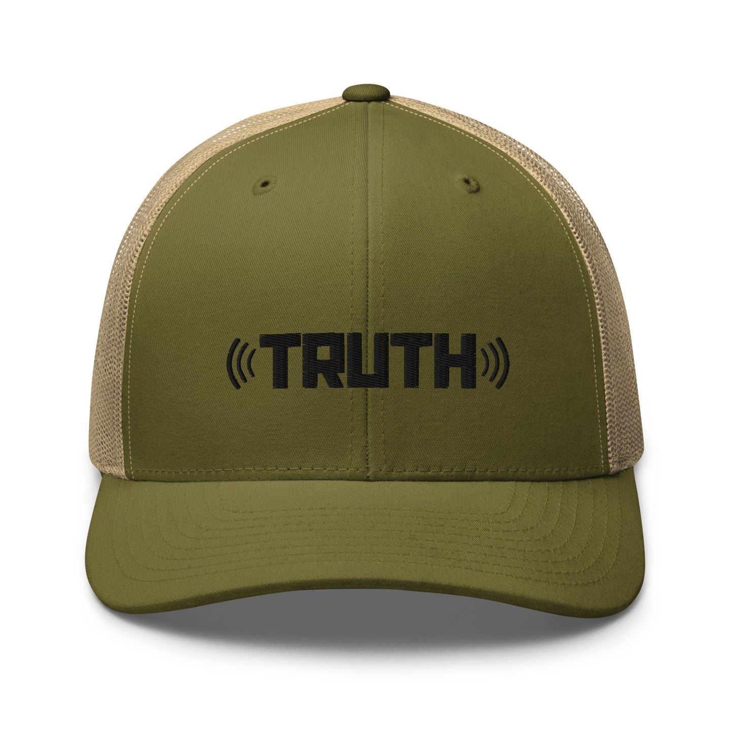 Military green and khaki trucker cap with the word "TRUTH" in black, flanked by sound wave symbols, featuring a mesh back and an adjustable strap, available in multiple colors.