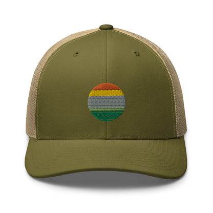 Military Green and khaki trucker cap with an embroidered colorful striped sunrise design in the center, featuring a mesh back and adjustable strap, available in multiple base colors.