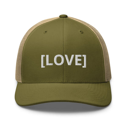 Military green and khaki trucker cap with the word 'LOVE' embroidered in white within brackets, symbolizing an inclusive message, featuring a mesh back and available in multiple colors.