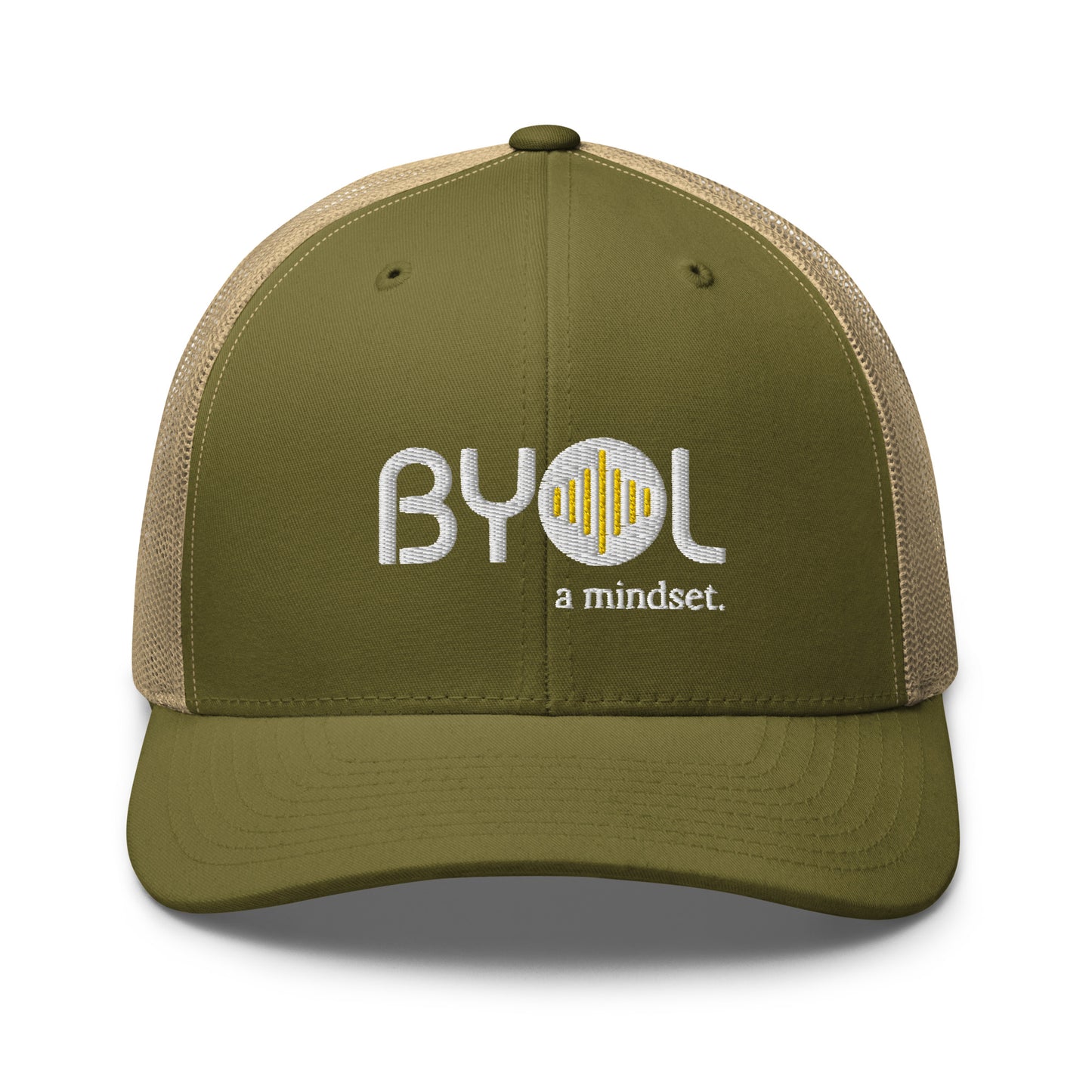 Military green and khaki retro trucker hat with "BYOL a mindset" embroidered on the front in gray and yellow, displayed against a clean background. Available in various colors: black, white, brown, green, and beige.