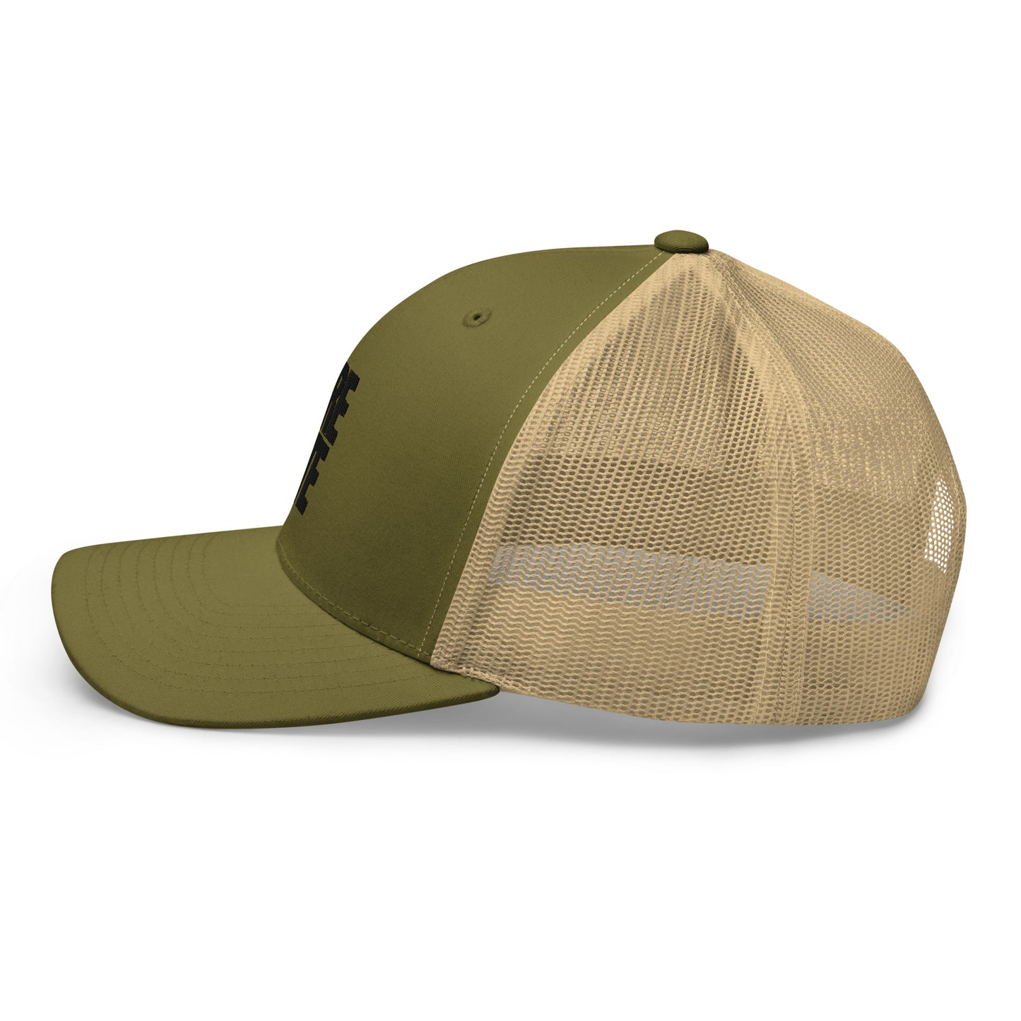 Military Green and Khaki trucker cap with a mesh back, featuring a side view with the word "LIFE" embroidered in black on the side panel.