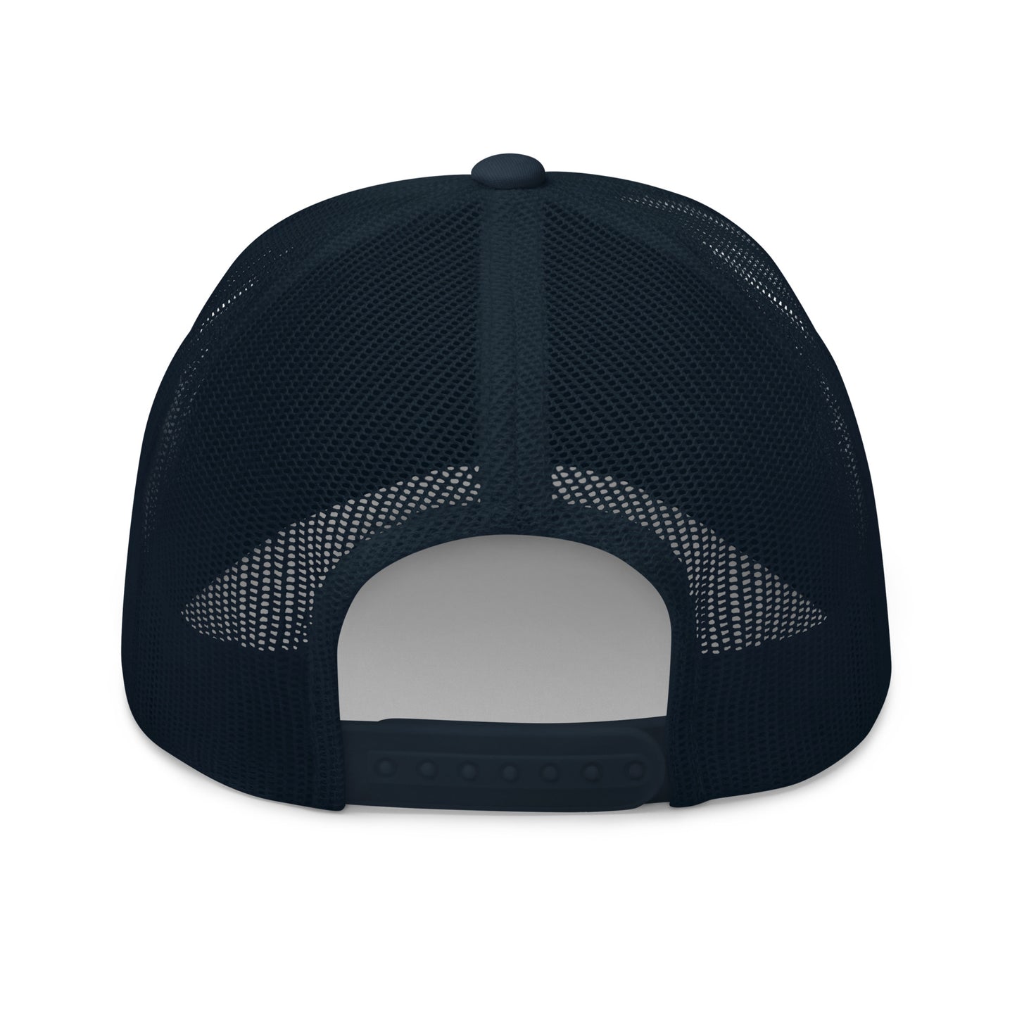 Navy blue trucker cap with an embroidered colorful striped sunrise design in the center, featuring a mesh back and adjustable strap, available in multiple base colors.