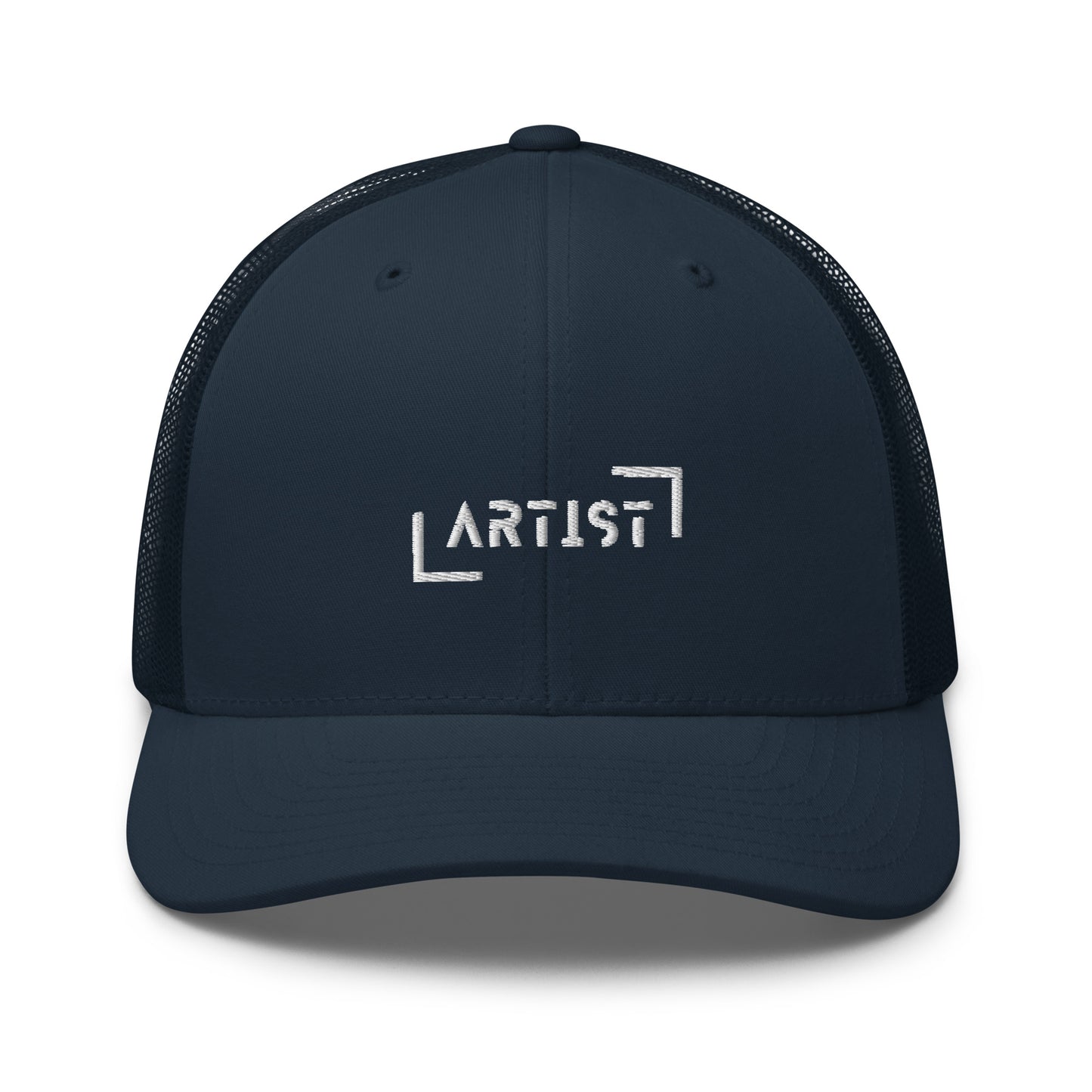 Blue trucker cap with white "ARTIST" embroidery on the front, featuring a mesh back and an adjustable strap for a personalized fit.