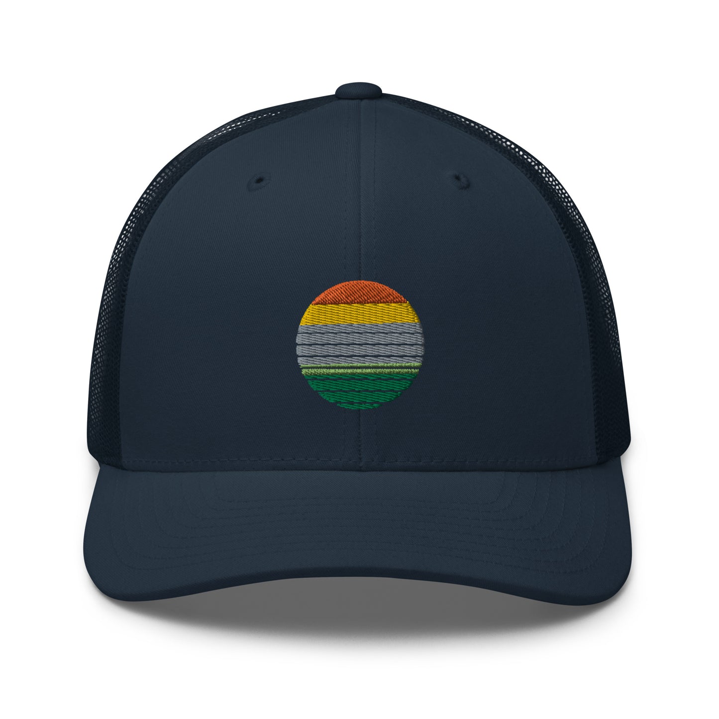 Navy blue trucker cap with an embroidered colorful striped sunrise design in the center, featuring a mesh back and adjustable strap, available in multiple base colors.