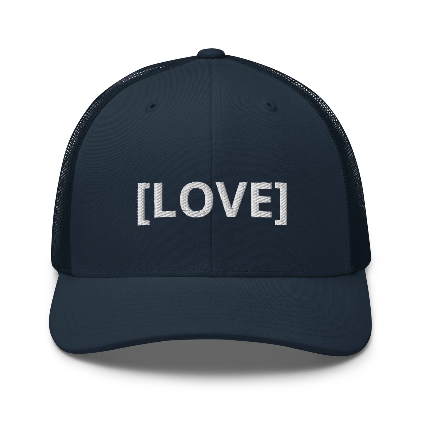 Navy blue trucker cap with the word 'LOVE' embroidered in white within brackets, symbolizing an inclusive message, featuring a mesh back and available in multiple colors.