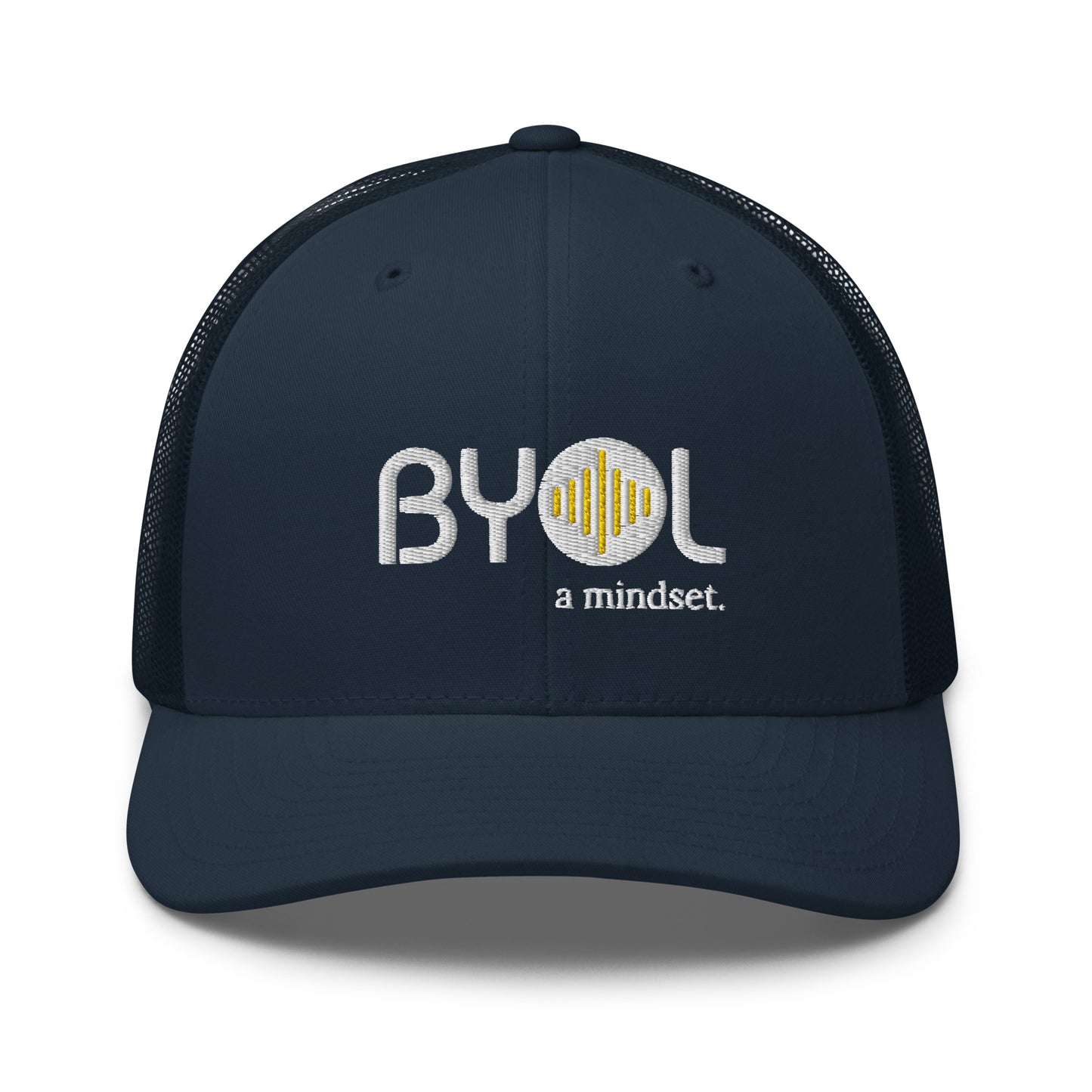 Blue retro trucker hat with "BYOL a mindset" embroidered on the front in gray and yellow, displayed against a clean background. Available in various colors: black, white, brown, green, and beige.