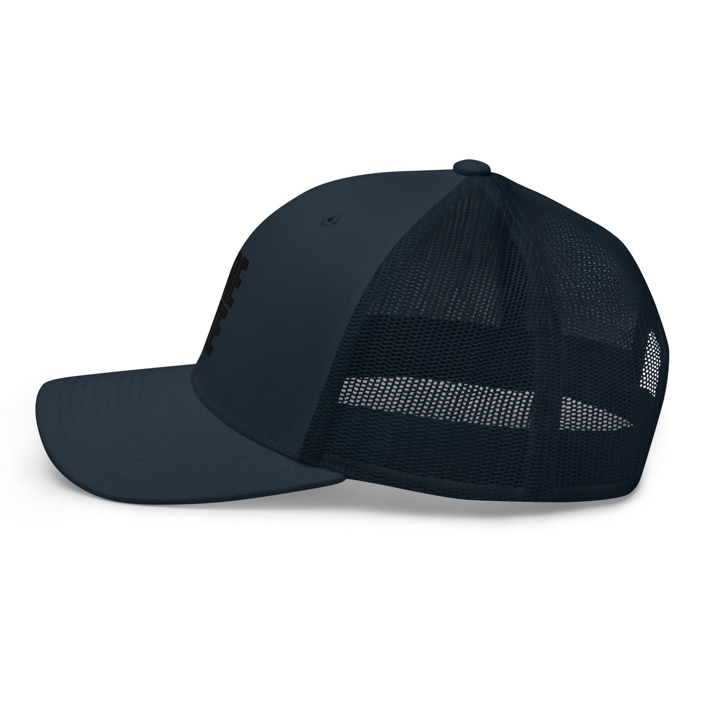 Navy bLUE trucker cap with a mesh back, featuring a side view with the word "LIFE" embroidered in black on the side panel.